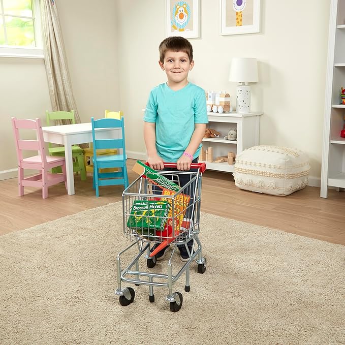 Melissa & Doug Toy Shopping Cart, Grocery Store Pretend Play Toys with Sturdy Metal Frame & Working Wheels, Toddler Shopping Cart, Preschool Learning Toys for Girls & Boys 3+
