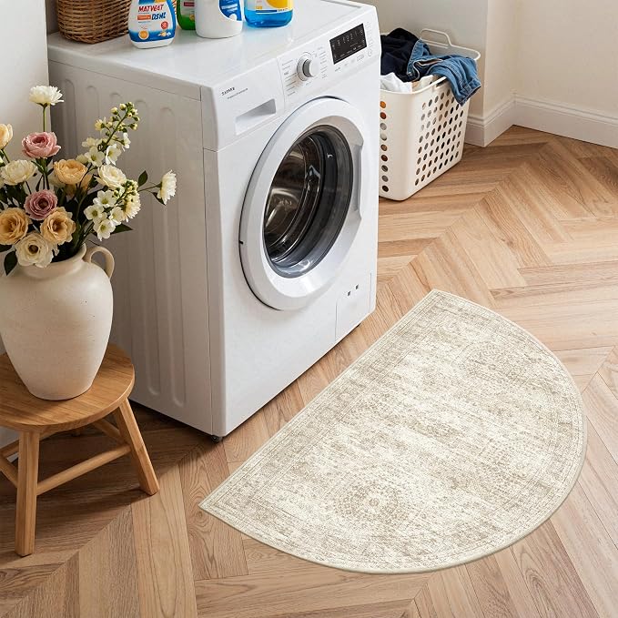 Soalmost Washable Half Circle Round Rug 2x3 Beige Small Half Moon Rug Entry | Non-Slip Vintage Low Pile Throw Door Mat For Bathroom Laundry Powder Room, Stain Resistant Indoor Entrance Semi Floor Carpet