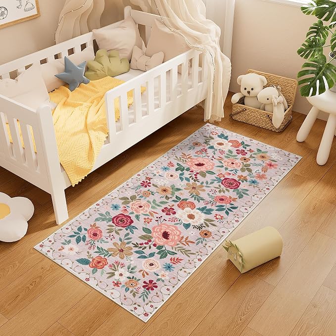 DUKINO 2x5 Runner Rug, Floral Washable Rug for Kitchen Non Slip, Beige | Low Pile, Soft, Stain Resistant Indoor Rug Runner for Entryway, Hallway, Bedroom, Bathroom, Laundry, Pet Friendly, Home Decor