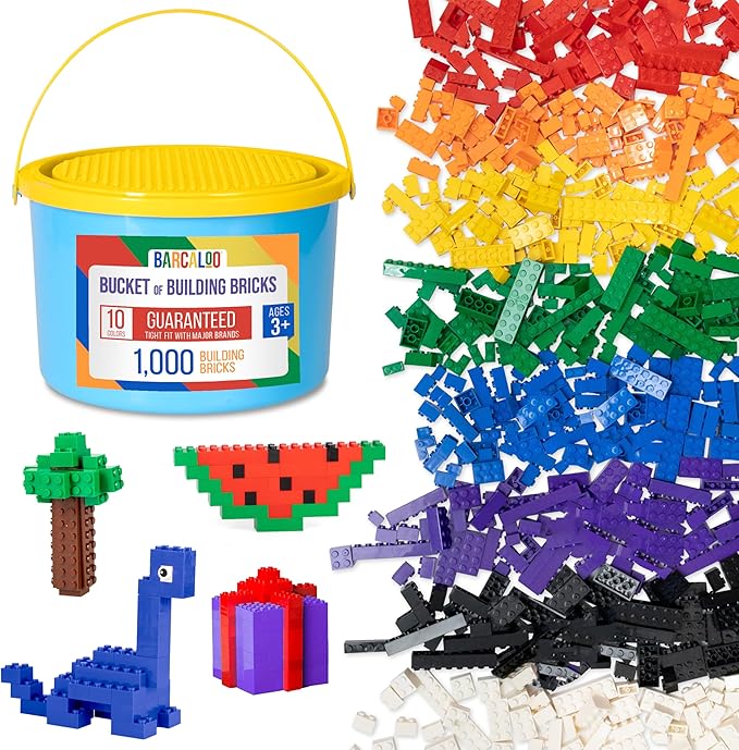 Barcaloo 1000 Piece Building Bricks Play Set, 10 Classic Colors Bulk Building Blocks, Generic Brick Building Parts, for Boys and Girls, Assorted Tub Classic Colors