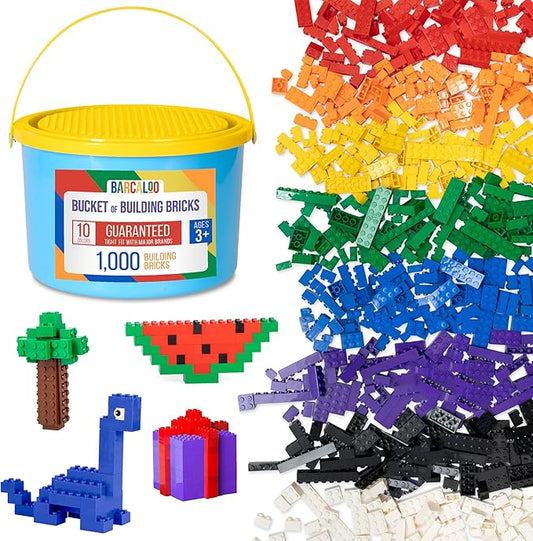 Barcaloo 1000 Piece Building Bricks Play Set, 10 Classic Colors Bulk Building Blocks, Generic Brick Building Parts, for Boys and Girls, Assorted Tub Classic Colors