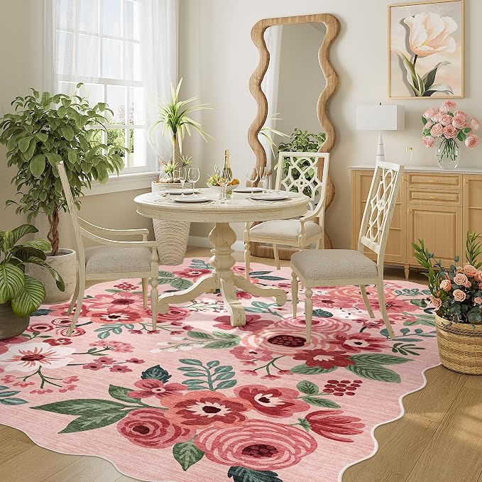 DUKINO 4x6 Area Rug, Non Slip Floral Washable Rug for Living Room, Pink | Low Pile, Stain Resistant, Soft Throw Rugs for Bedroom, Office, Dining Room, Nursery, Pet Friendly, Home Decor, Lightweight