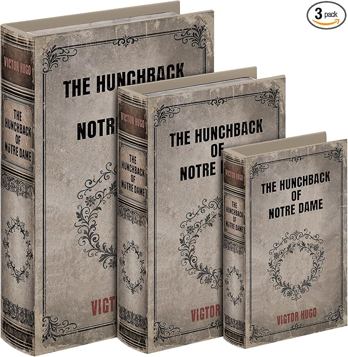 Vintage Faux Leather Decorative Book Box Set of 3 – Wooden Secret Storage Box with Magnetic Closure, Hidden Organizer for Bookshelf, Desk, or Office Decor (The Hunchback of Notre Dame)
