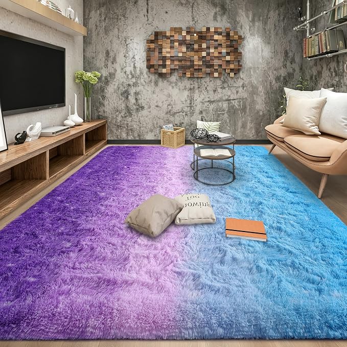Tepook Soft Fluffy Rugs for Living Room, 5x8 Shaggy Area Rug for Bedroom, Modern Shag Rug Fuzzy Carpets for Kids, Plush Indoor Nursery Home Decor Rug with Non-Slip Bottom, Purple and Blue