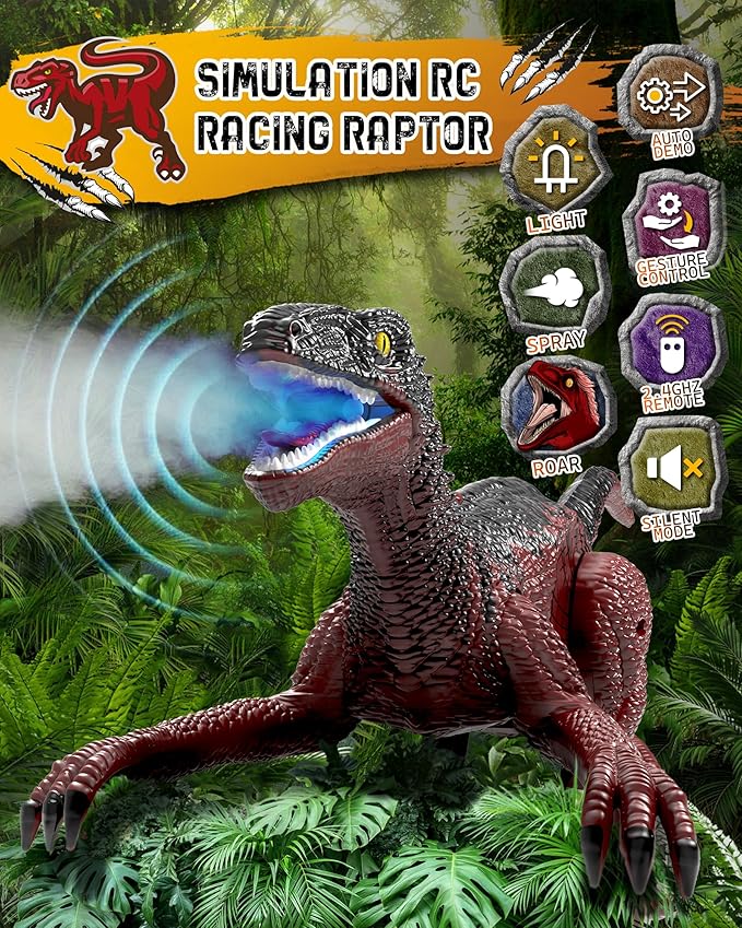 Eulogia Dinosaur Toy, RC Dinosaur Car with 2-in-1 Remote, Gesture-Sensing Forward Backward Dino, Features Spray & Sounds & Lights, One-Key Demo Car, 4-12 Boys Grils Gift for Birthday Christmas Party