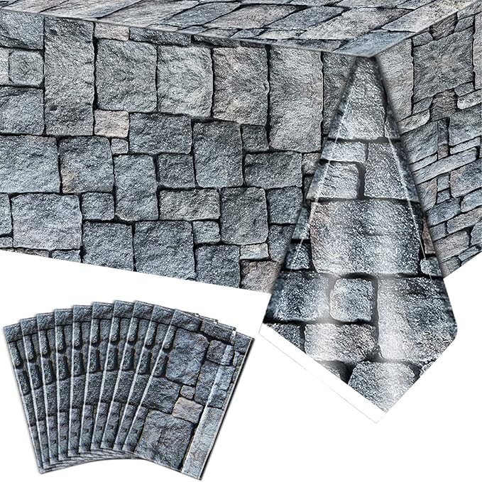 10 Pieces Cobblestone Tablecloth Stone Printed Table Cover Medieval Table Decoration Plastic Tablecloth Stone Brick Tablecovers for Medieval Castle Knight Themed Party Supplies, 4.3 x 7.2 ft