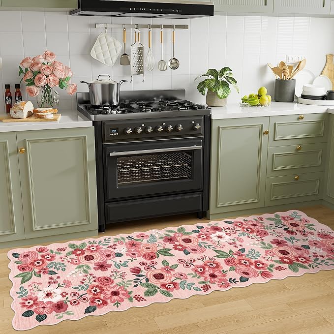 DUKINO 2x10 Runner Rug for Hallway, Washable Kitchen Rug Non Slip, Pink | Soft, Low Pile, Floral Throw Rug Runner for Entryway, Bedroom, Bathroom, Laundry, Pet Friendly, Home Decor, Stain Resistant