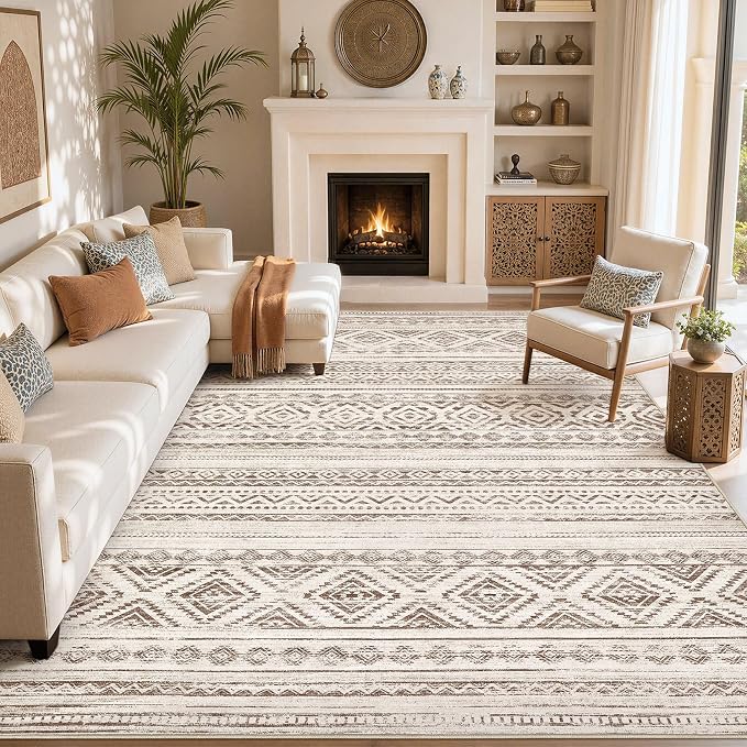 cotiled 10x12 Area Rugs Living Room Rug: Washable Boho Rugs with Non Slip Backing Large Soft Indoor Stain Resistant Carpet for Bedroom Farmhouse Dining Room Lightweight Home Decor Dark Brown