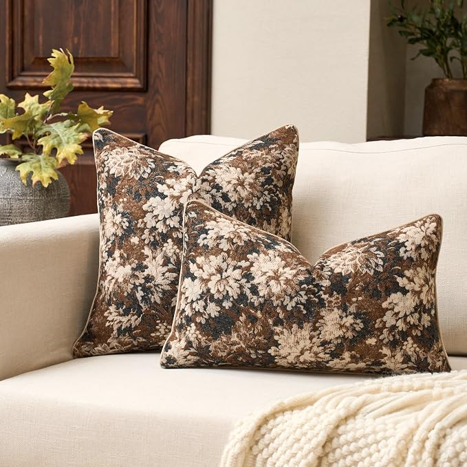 Neutral Floral Pillow Cover 12 x 20 Inches, Vintage Chenille Rectangle Throw Pillow Cover Soft Decorative Farmhouse Accent Couch Pillow Cover for Living Room Bedroom, Coffee Brown