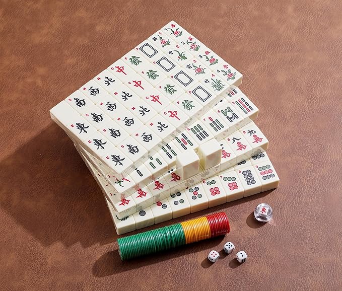 Mose Cafolo Chinese Mahjong Game Set 1.5" X-Large 144 Numbered White Ivory Color Melamine Tiles with Carrying Travel Case,Complete Majiang, Majong, Mah-Jongg Game Set
