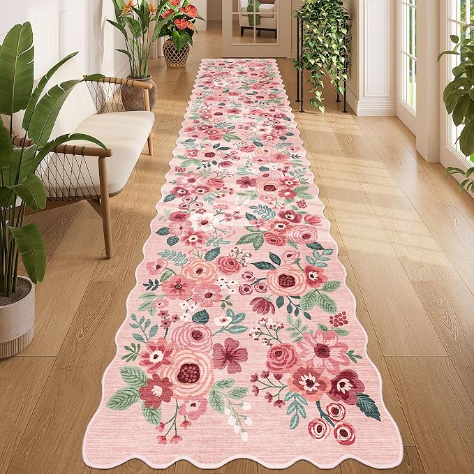 DUKINO 2.6x12 Washable Runner Rug, Floral Non Slip Long Kitchen Rug, Pink | Low Pile, Stain Resistant, Soft Throw Rugs Runner for Hallway, Entryway, Bedroom, Bathroom, Modern Home Decor, Non-Shedding