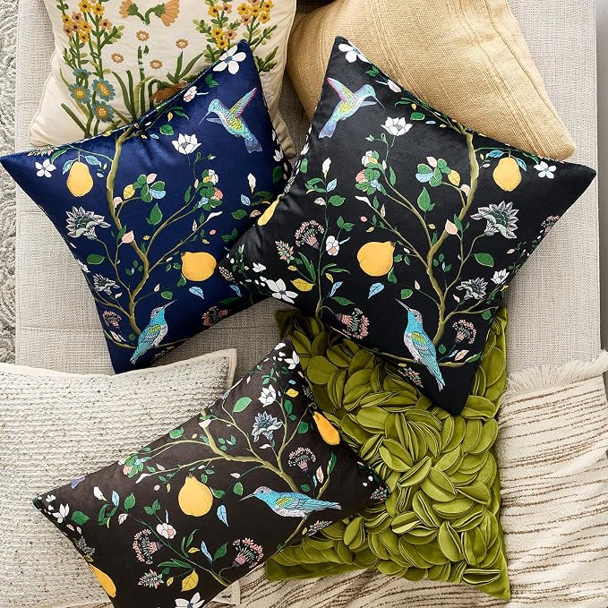 MUSSEL Black Floral Vintage Decorative Pillow Covers 18x18 Set of 2 | Soft Velvet,Wild Flower Plant,Throw Pillows Case,Square,Colorful Farmhouse Cushion Covers,Home Sofa Bed Couch Decor