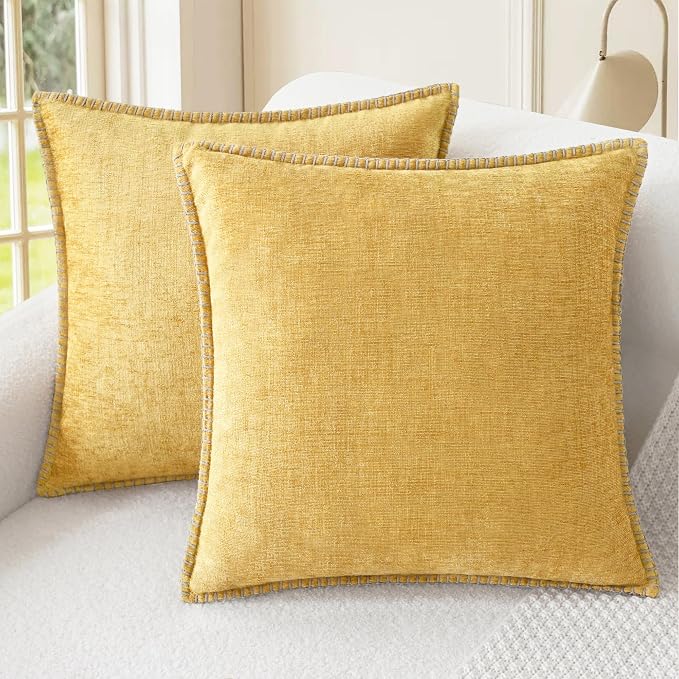 CaliTime Decorative Couch Throw Pillow Covers 24 X 24 Inches Gold | Pack of 2, Cozy Chenille Cushion Cases, Cotton Thread Stitching Edges, for Sofa Bed Living Room Farmhouse