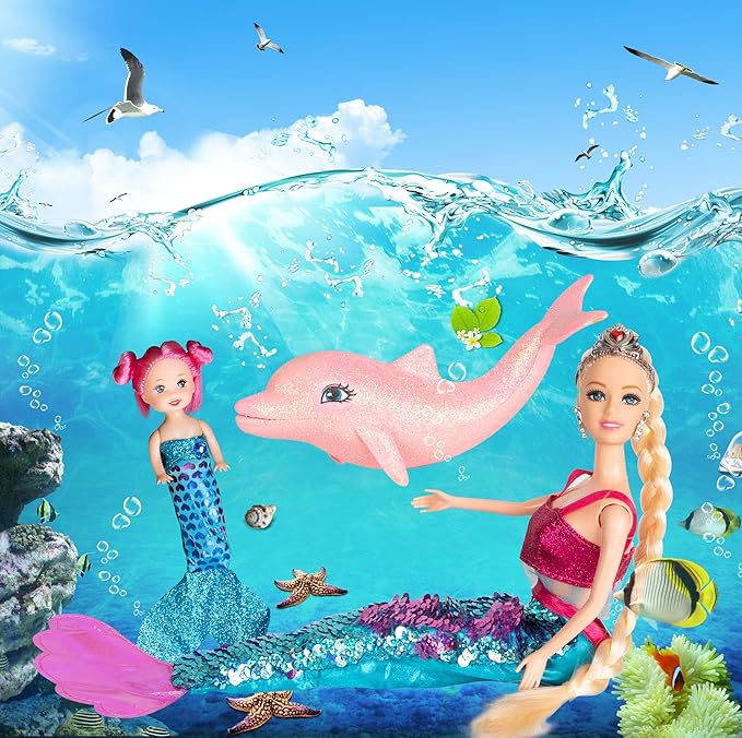 Mermaid Princess Doll with Little Mermaid and Pink Dolphin Playset, Blonde Hair Mermaid Toys with Accessories, Gift for 3 to 7 Year Old Girls