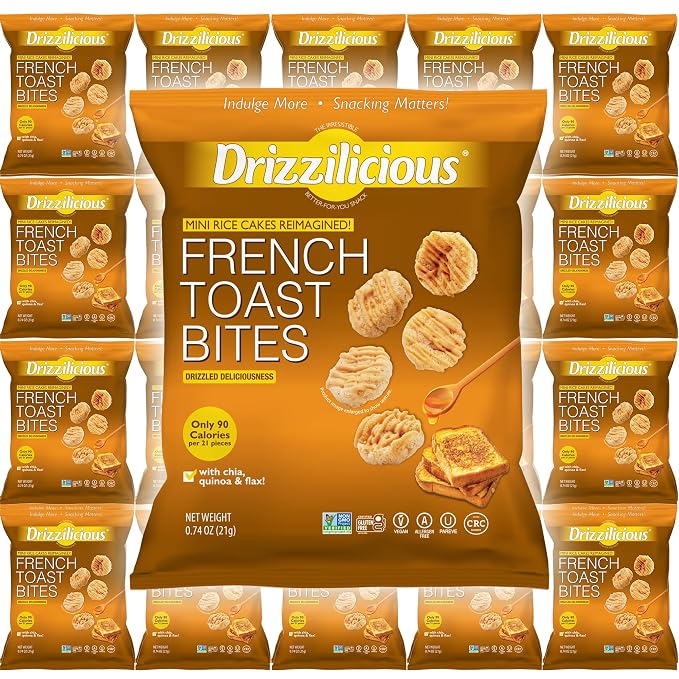 Drizzilicious Mini Flavored Rice Cakes French Toast - Rice Crisps, Healthy Snack for Adults and Kids, Vegan, Gluten Free Snack, Allergen Free, Only 90 Calories Per Bag - .74 oz (Pack of 20)