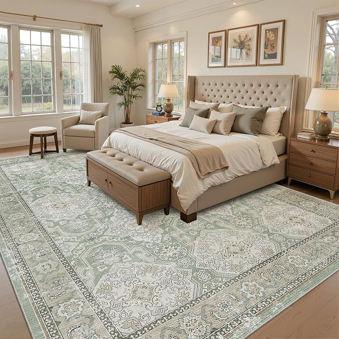 Soalmost 9x12 Area Rugs for Living Room Washable Rug Non-Slip Green/Brown | Large Vintage Stain Resistant Carpet for Dining Bedroom, Low Pile Lightweight Foldable Floor Mat Nursery Home Office Decor