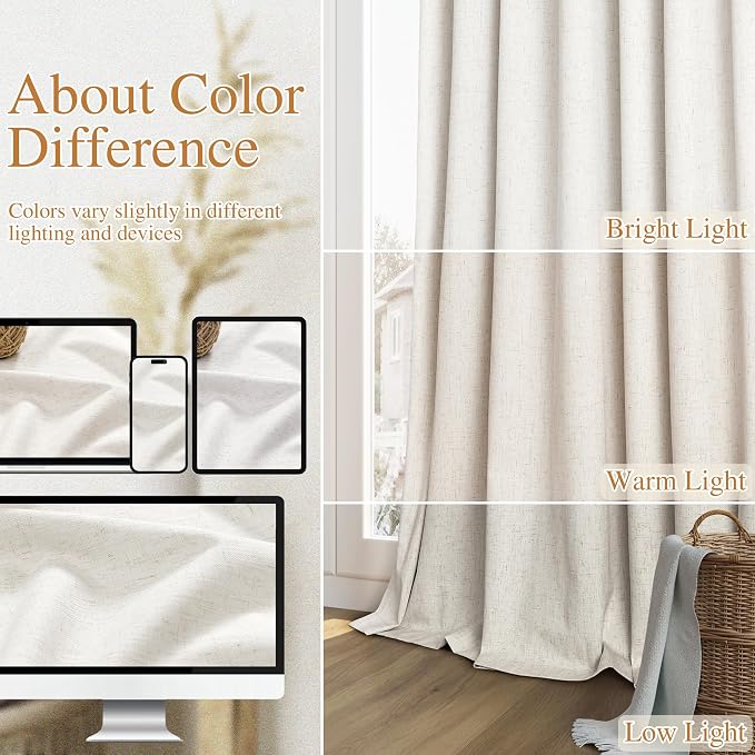 Beige White 100% Blackout Linen Curtains 132 Inch Length 2 Panels Set for Living Room Bedroom Back Tab Thermal Insulated Black Out Drapes Room Darkening Farmhouse Style for Bedroom Window Curtains