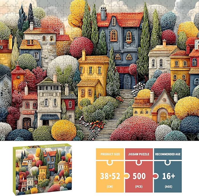 Puzzles for Adults 500 Pieces, Colorful Town Jigsaw Puzzles - Blossom Village, Impossible Colorful Town Puzzles for Seniors Family, 20.47x14.96 inches, 1:1 Poster, Letter on The Back
