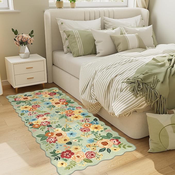 DUKINO 2x5 Washable Runner Rug, Floral Non Slip Rug for Kitchen, Green | Soft, Low Pile, Non-Shedding Throw Rug Runner for Hallway, Entryway, Bedroom, Bathroom, Pet Friendly, Home Decor, Lightweight