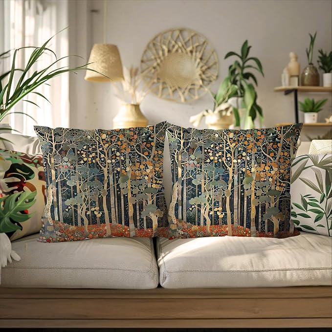 Rustic Autumn Forest William Morris Inspired Pillow Covers 20x20 Set of 2, Fall Home Room Decor, Vintage Botanical NatureDecorative Throw Pillow Covers for Home Bedroom Living Room