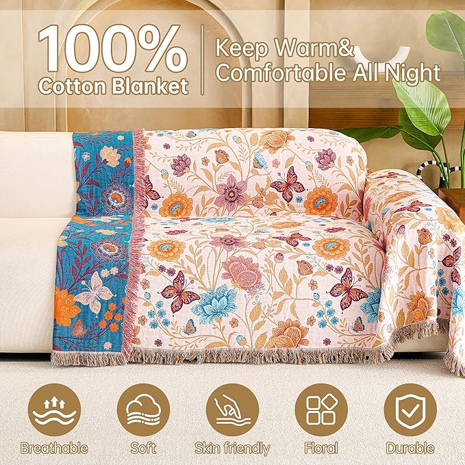 VANJOROY Boho Throw Blanket, 100% Organic Cotton Breathable Ultra Soft 91" x 98" Bed Quilt Throw - All Season Floral Rustic Farmhouse Decor Luxury Reversible Blanket for Sofa Couch Chair and Gift