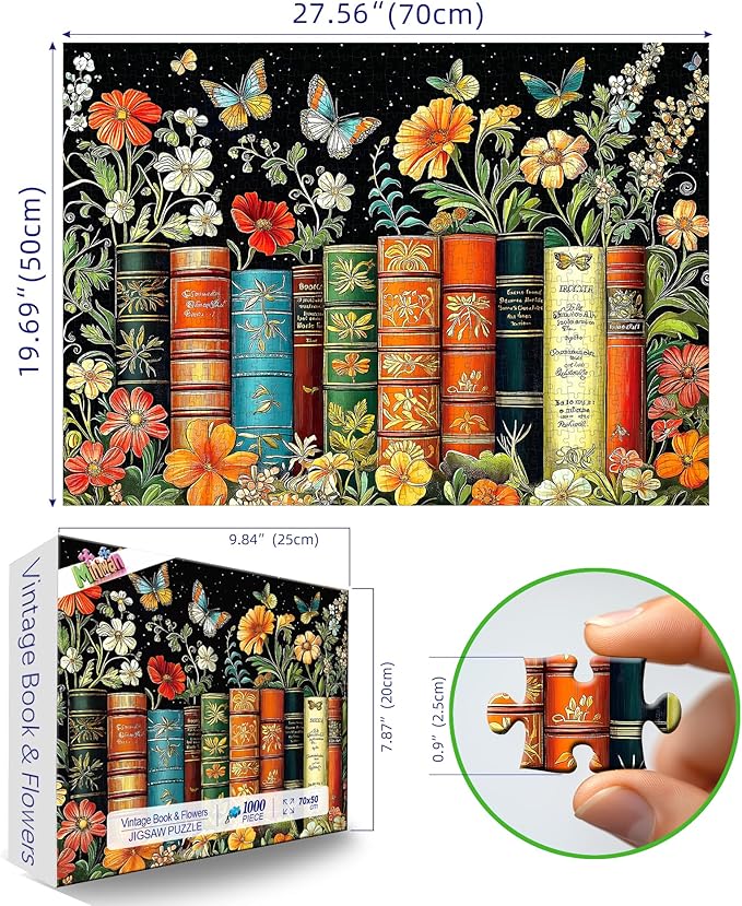 1000 Piece Jigsaw Puzzle for Adults - Vintage Book Spines & Wildflowers: Botanical Garden with Butterflies, 27.5x19.7 Inch Unique Art Puzzle, Challenging Hard Difficult Puzzles for Adults
