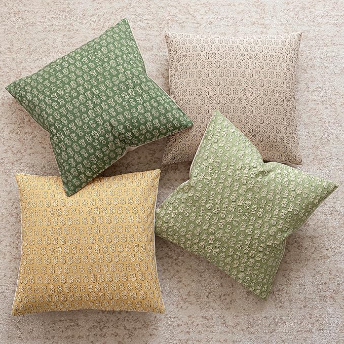 Foindtower Set of 2 Decorative Neutral Floral Print Throw Pillow Covers Vintage Accent Farmhouse Cushion Covers Boho Home Decor for Sofa Couch Chair Bedroom Living Room Outdoor,20×20 Inch,Lime Green