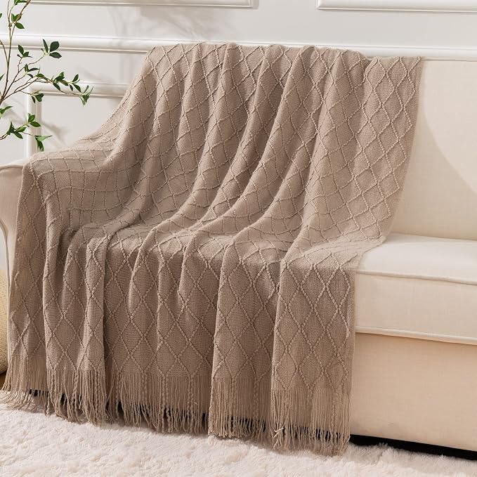 BATTILO HOME Khaki Throw Blanket for Couch, Boho Bed Tan Throws, Spring Decorative Taupe Throw for Sofa Foot of Bed, 50"x60"