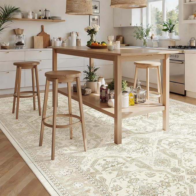 Soalmost 7x10 Area Rug for Living Room Washable Rugs Non-Slip Beige/Brown | Low-Pile Vintage Carpet for Dining Bedroom, Foldable Thin Stain Resistant Floor Mat Under Table Home Office Nursery Decor