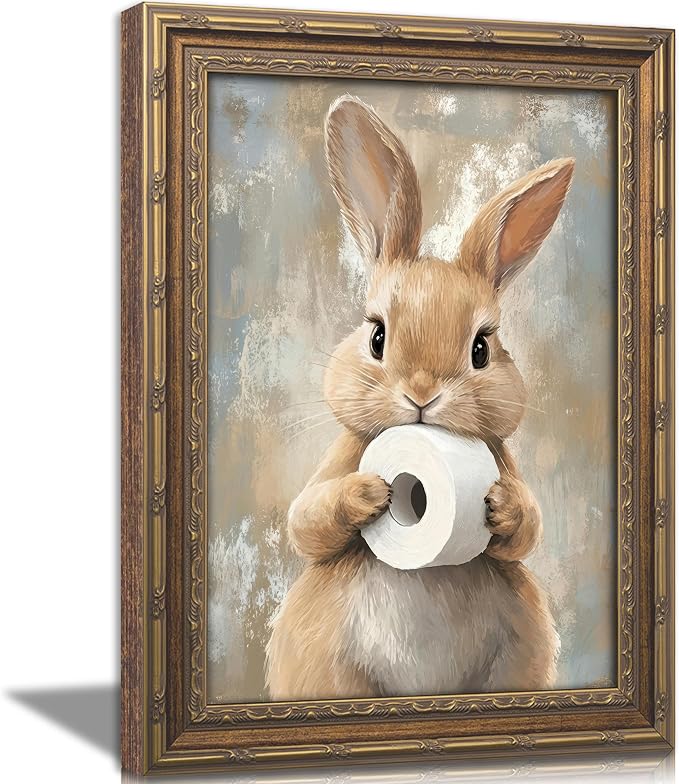 Vintage Gold Framed Bunny Easter Bathroom Wall Art Funny Rabbit and Toilet Paper Painting Canvas Prints Country Animal Picture Wall Decor Rustic Farmhouse Poster Artwork for Restroom Toilet Washroom