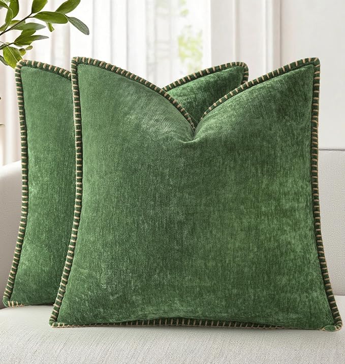 decorUhome Soft Chenille Throw Pillow Covers 12x12 Set of 2 Forest Green | Fall Textured Decorative Throw Pillow Cases Stitched Edge Modern Farmhouse Luxury Boho Velvet for Couch Sofa Bed Home Decor