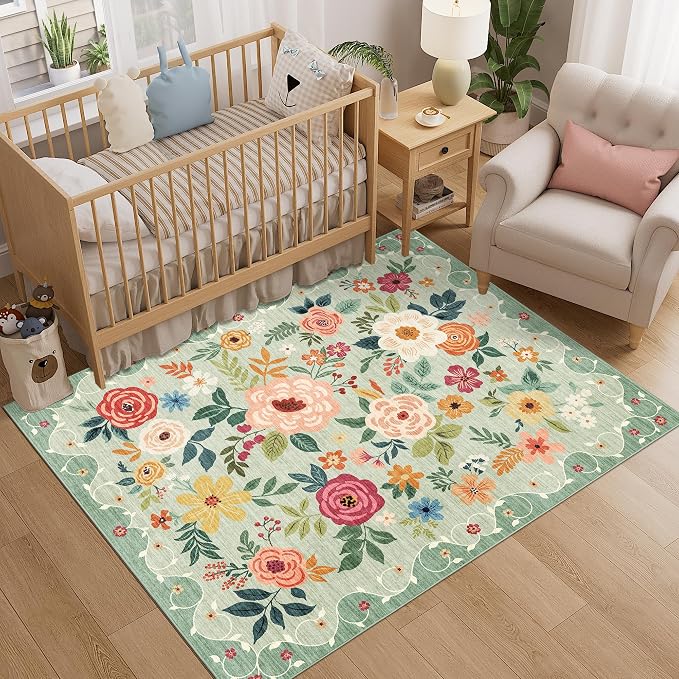 DUKINO 4x5 Area Rug for Entryway, Soft Floral Washable Rug Non Slip, Green | Low Pile, Non-Shedding Indoor Carpet for Bedroom, Kitchen, Living Room, Nursery, Pet Friendly, Stain Resistant, Home Decor