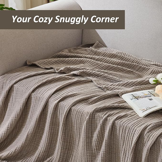 EMME Cotton Muslin Large Throw Blanket Couch Breathable Gauze Soft Lightweight Bed Blankets Adults (Heather Brown, 50"x70")