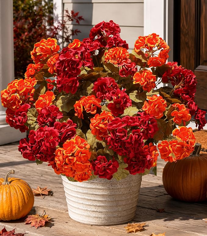 Fake Geraniums Artificial Flowers for Outdoors Fall Autumn Decoration, 6 Bundles Silk Geraniums Look Real Faux Fall Flowers Plants for Front Door Garden Planter Patio Balcony Yard Home Indoor, Mix