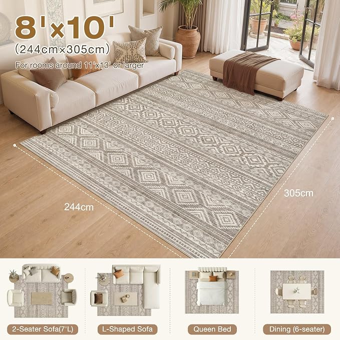 cotiled 8x10 Area Rugs Living Room Rug: Washable Boho Rugs with Non Slip Backing Large Soft Indoor Stain Resistant Carpet for Bedroom Farmhouse Dining Room Lightweight Home Decor Coffee Brown