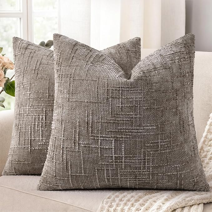 decorUhome Textured Chenille Throw Pillow Covers 24x24 Set of 2 Taupe | Fall Modern Farmhouse Soft Cozy Slubby Couch Pillow Cases Boho Decorative Pillow Cases for Bed Sofa Living Room Home Decor
