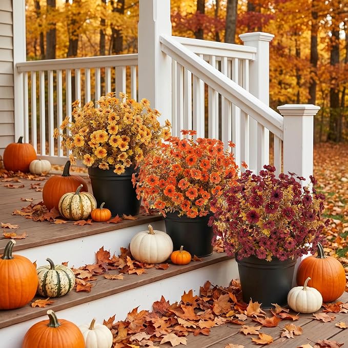 Ouddy Decor 24 Pcs Artificial Fall Flowers, Fake Mums Outdoors, Deep Orange | Lifelike faux mums, silk flower, UV resistant, no-maintenance, for autumn Thanksgiving garden porch yard indoor outdoor decor