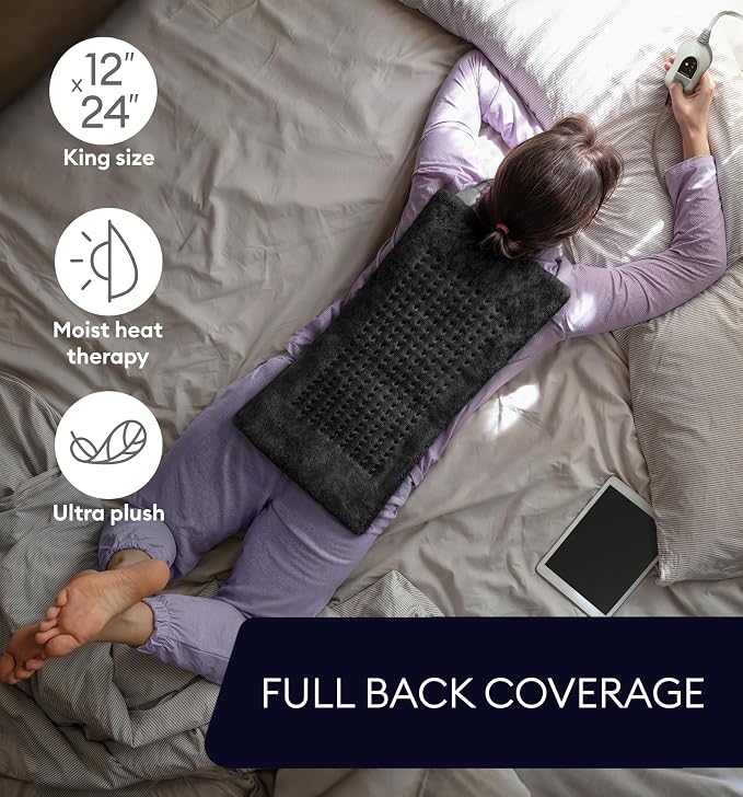 GENIANI Electric Heating Pad for Back Pain & Cramps Relief, Electric Throw, Self Care Gifts for Women, Heating Pad for Neck & Shoulder, Machine Washable Microplush, Auto Shut Off (12×24", Black)