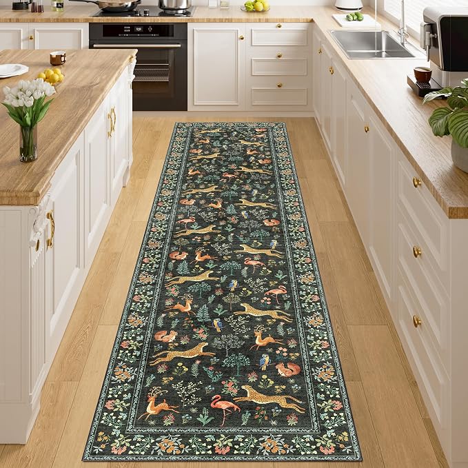 DUKINO 2x8 Washable Runner Rug, Non Slip Animal Kitchen Runner Rug, Black | Soft, Low Pile, Non-Shedding Indoor Carpet Runner for Hallway, Entryway, Bedroom, Bathroom, Pet Friendly, Stain Resistant