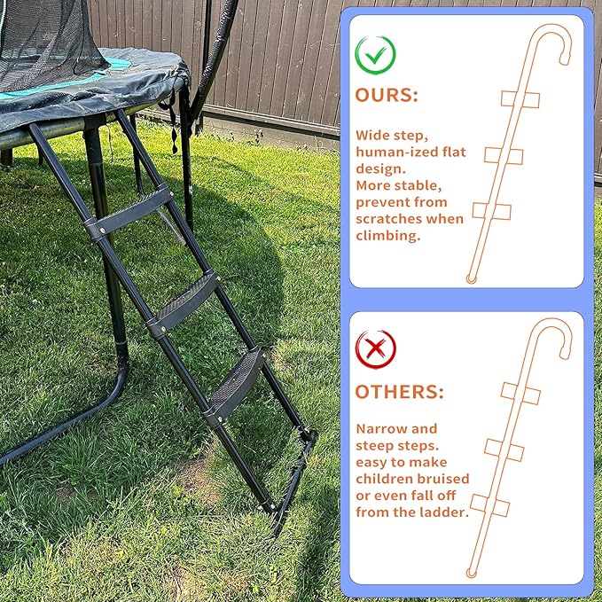 Gardenature Trampoline Ladder 3 Step with Wide Flat Steps, Universal Trampoline Stairs for Kids, Rust-Resistant Heavy Duty Trampoline Accessories for 10 12 14 16 FT Round & Rectangle Frames, Black