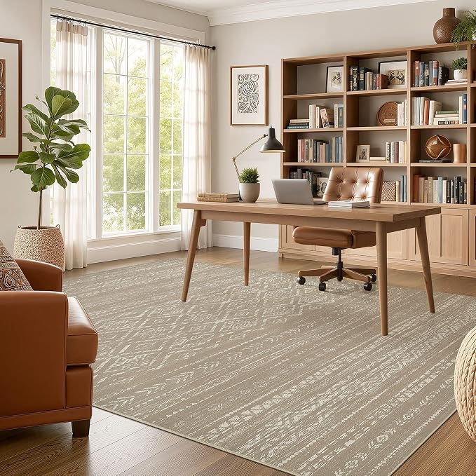 Nakagishi Area Rug Living Room Rugs: 9x12 Large Soft Machine Washable Boho Moroccan FarmNeutral Stain Resistant Indoor Floor Carpet for Bedroom Under Dining Table Home Office Decor-Dark Brown