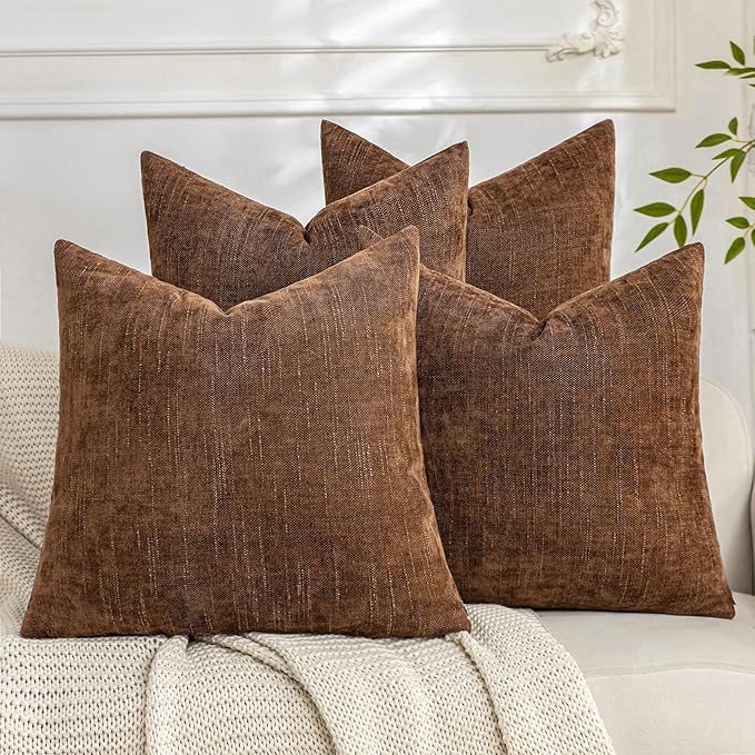 Set of 4 Soft Textured Decorative Throw Pillow Covers 18x18 Inch Cozy Farmhouse Cushion Cover Square Accent Pillow Cases for Bed Couch Sofa Living Room, Brown