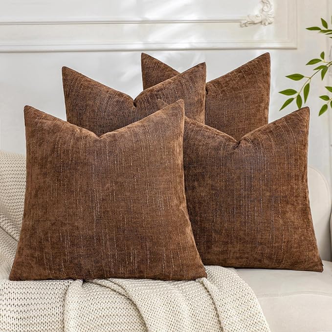 Set of 4 Soft Textured Decorative Throw Pillow Covers 22x22 Inch Cozy Farmhouse Cushion Cover Square Accent Pillow Cases for Bed Couch Sofa Living Room, Brown