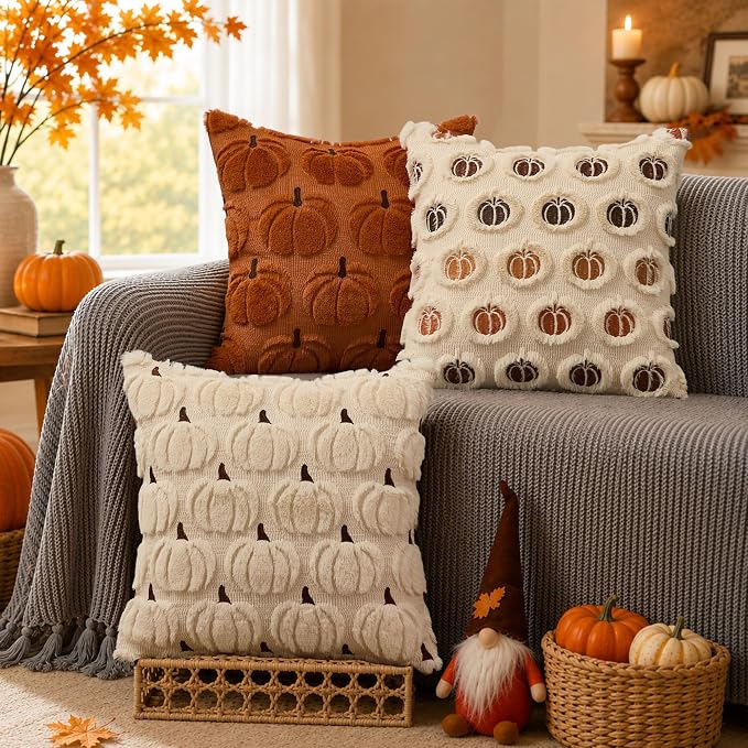 DFXSZ Fall Pillow Covers 20x20 2Pcs Beige Brown Pumpkin Fall Decorations | Fall decor Set of 2 Throw Pillow Cases Soft Plush Faux Fur Wool Couch Cushion for Chair Sofa Bedroom Living Room Home Decor