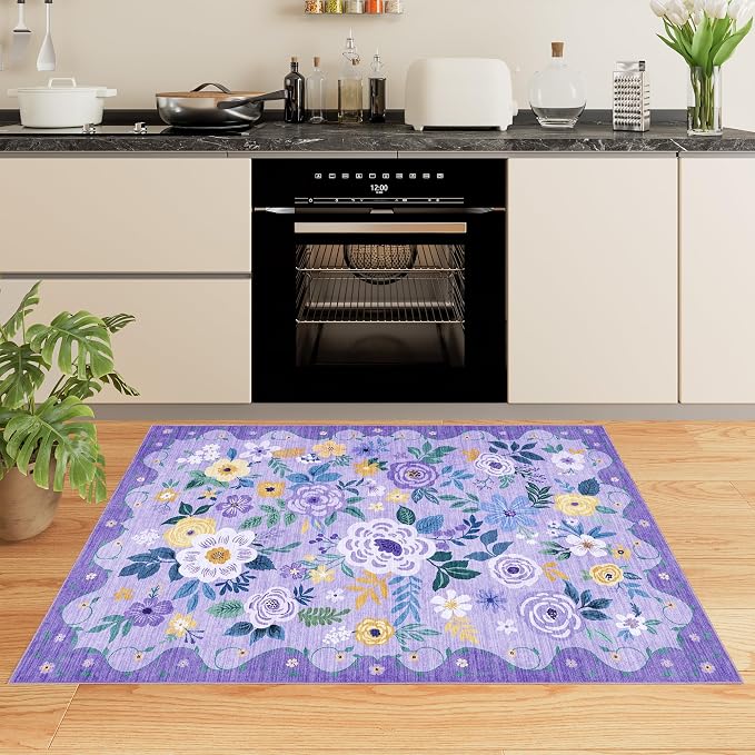 DUKINO 2x3 Entryway Rug, Floral Door Mat Soft Washable Rug Non Slip, Purple | Low Pile, Non-Shedding Small Rug for Kitchen, Entrance, Bedroom, Bathroom, Pet Friendly, Stain Resistant, Modern Home Decor