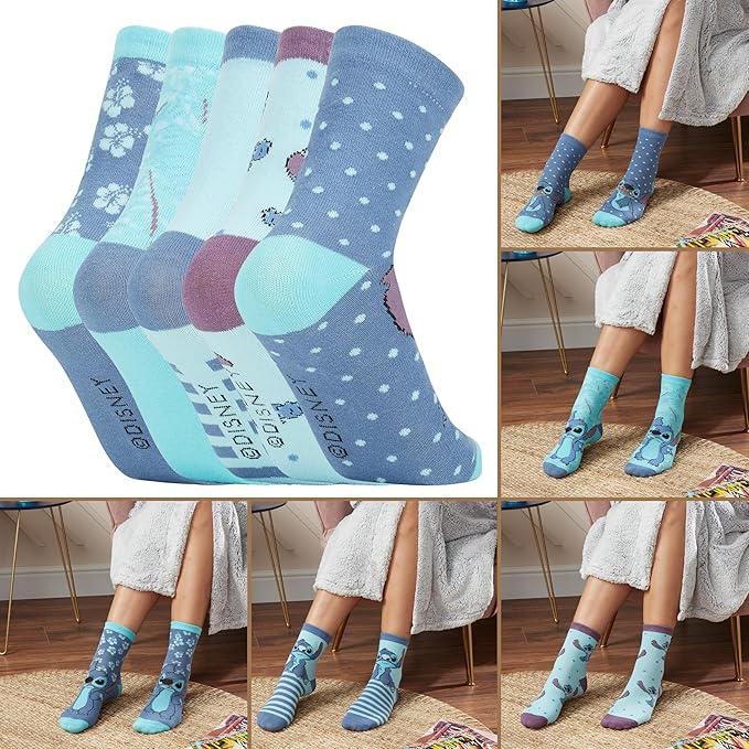 Disney Stitch Socks Gifts for Women Teens, US Size 4-9, Baby Yoda Pack of 5 Fuzzy Casual Crew Socks for Home Sleep Winter