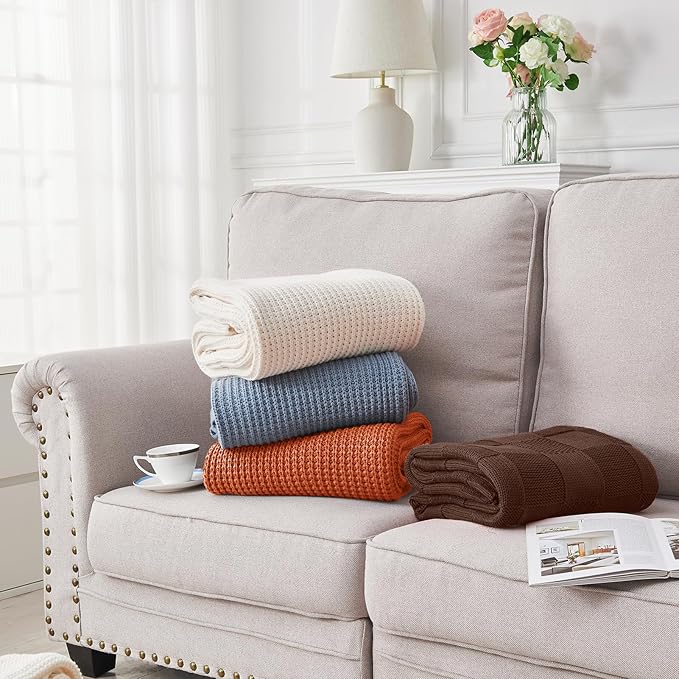 Douceur Rust Orange Throw Blanket for Bed, Soft Chunky Cable Knit Throw Blanket, Classic Fisherman's Rib Stitch Pattern Throw for Living Room,50"X60"
