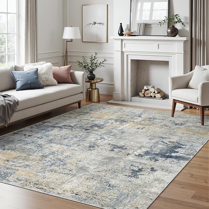 Soalmost Abstract Area Rug 6x9 for Living Room Washable Rugs Blue/Yellow | Non-Slip Low-Pile Carpet for Dining Bedroom, Foldable Thin Vintage Stain Resistant Floor Mat Under Table Home Office Nursery