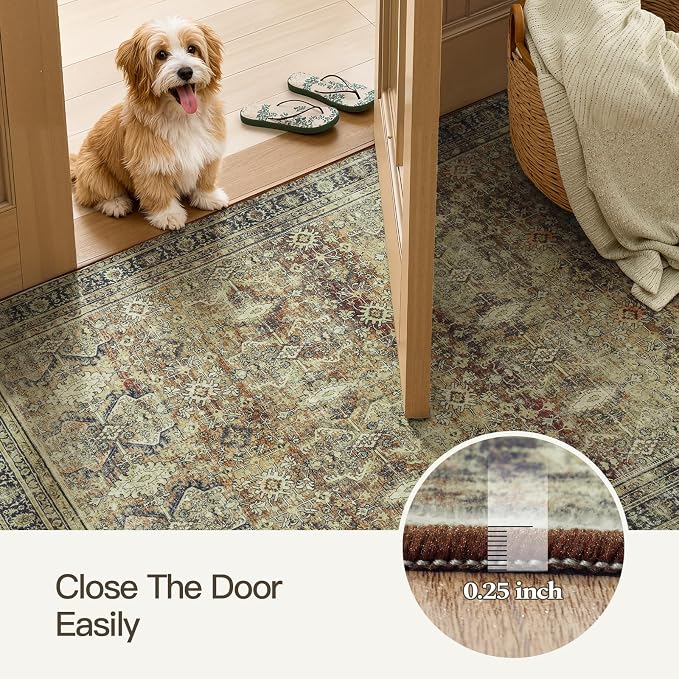 3x5 Area Rugs for Entryway, Brown Washable Non-Slip Area Rug for Kitchen | Low Pile Soft Small Rugs, Vintage-Style Carpet for Bathroom Bedroom Tool Room, Stain Resistant, Foldable Distressed Rug