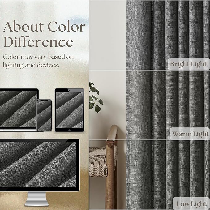Charcoal Grey 84 Inch Pinch Pleated Linen Semi Sheer Curtains 2 Panel Set | for Living Room Dining Bedroom, Thick Linen Textured Drapes, Light Filtering, Pinch Pleat with Back Tab, Dark Slate Grey